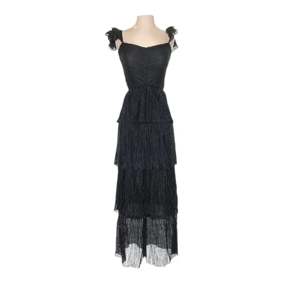 SAYLOR Elegant Tier Ruffle Dress Long Midi Textured Sleeveless Black XS S 2 4 - Picture 3 of 8